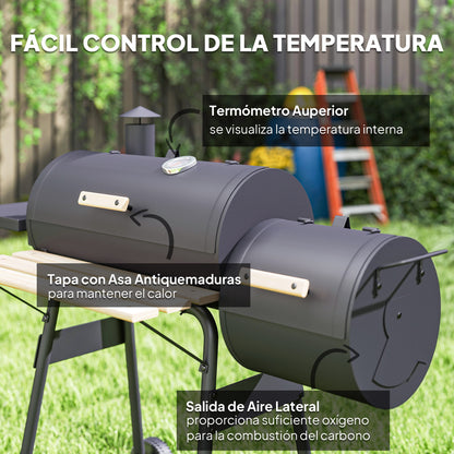 Outsunny Barbacoa De Carbón Con Termómetro Ruedas Estantes Madera 124x53x108cm_5