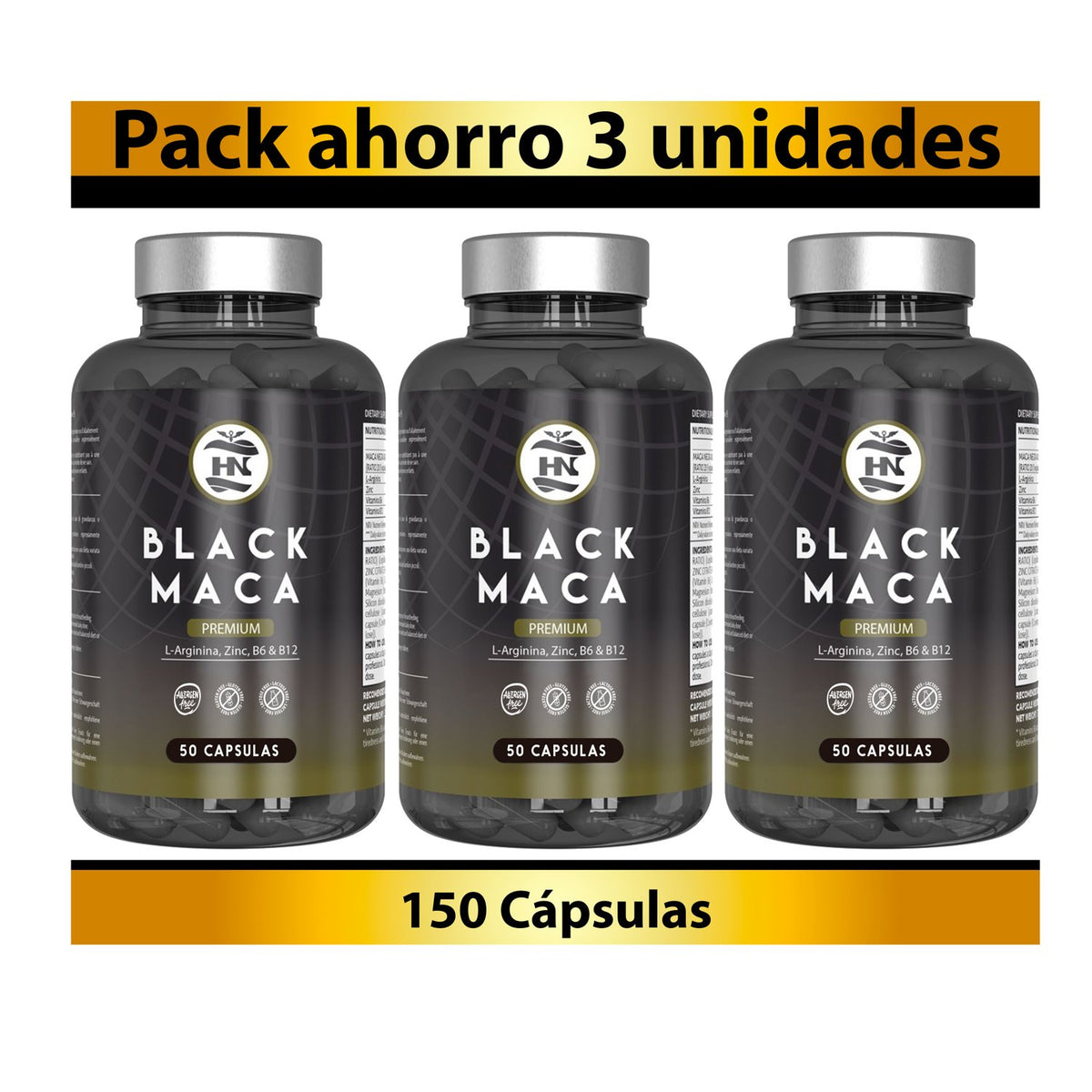 Pack 3 X Black Maca 20:1 Con L-arginina, Zinc Y Vitaminas B6 Y B12 - 3 X 50 Cápsulas Vegetales_0