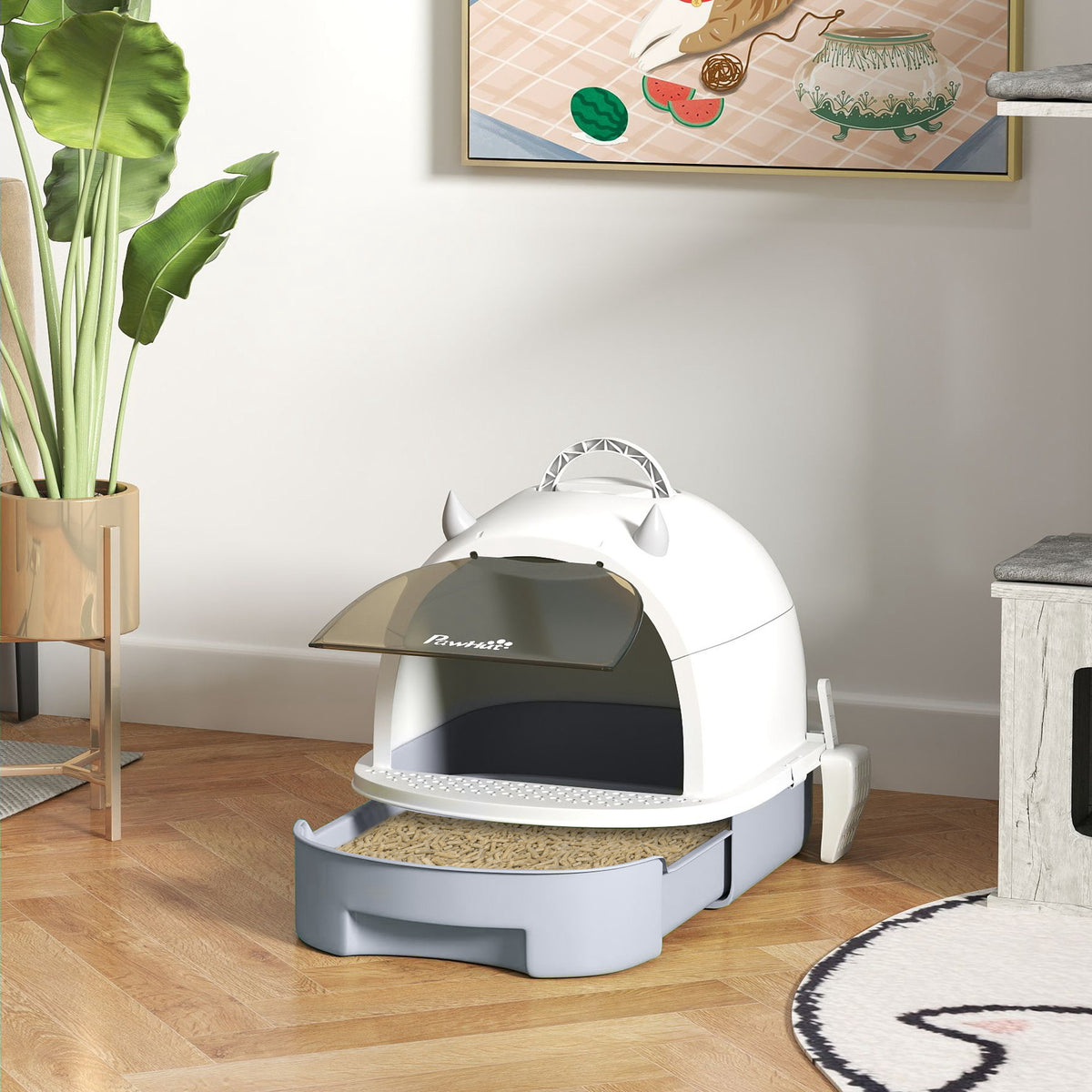 Pawhut Arenero Para Gatos Cubierto Con Bandeja Pala Y Asa Superior Blanco Y Gris_1