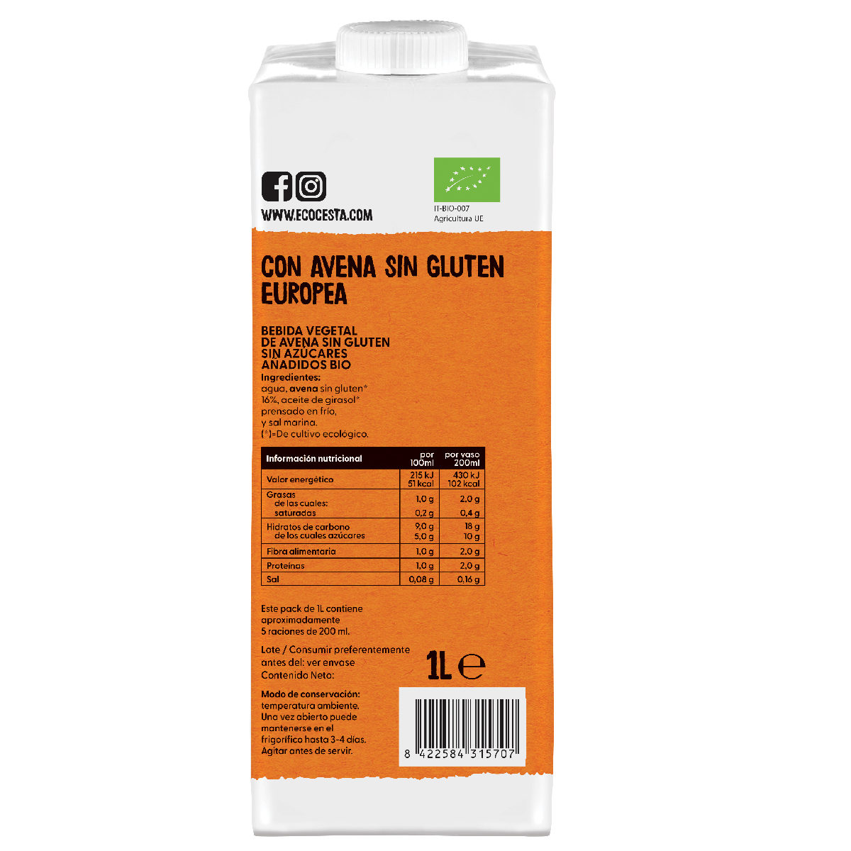 Bebida Vegetal De Avena Sin gluten y Sin azúcares añadidos Bio, 1L Ecocesta