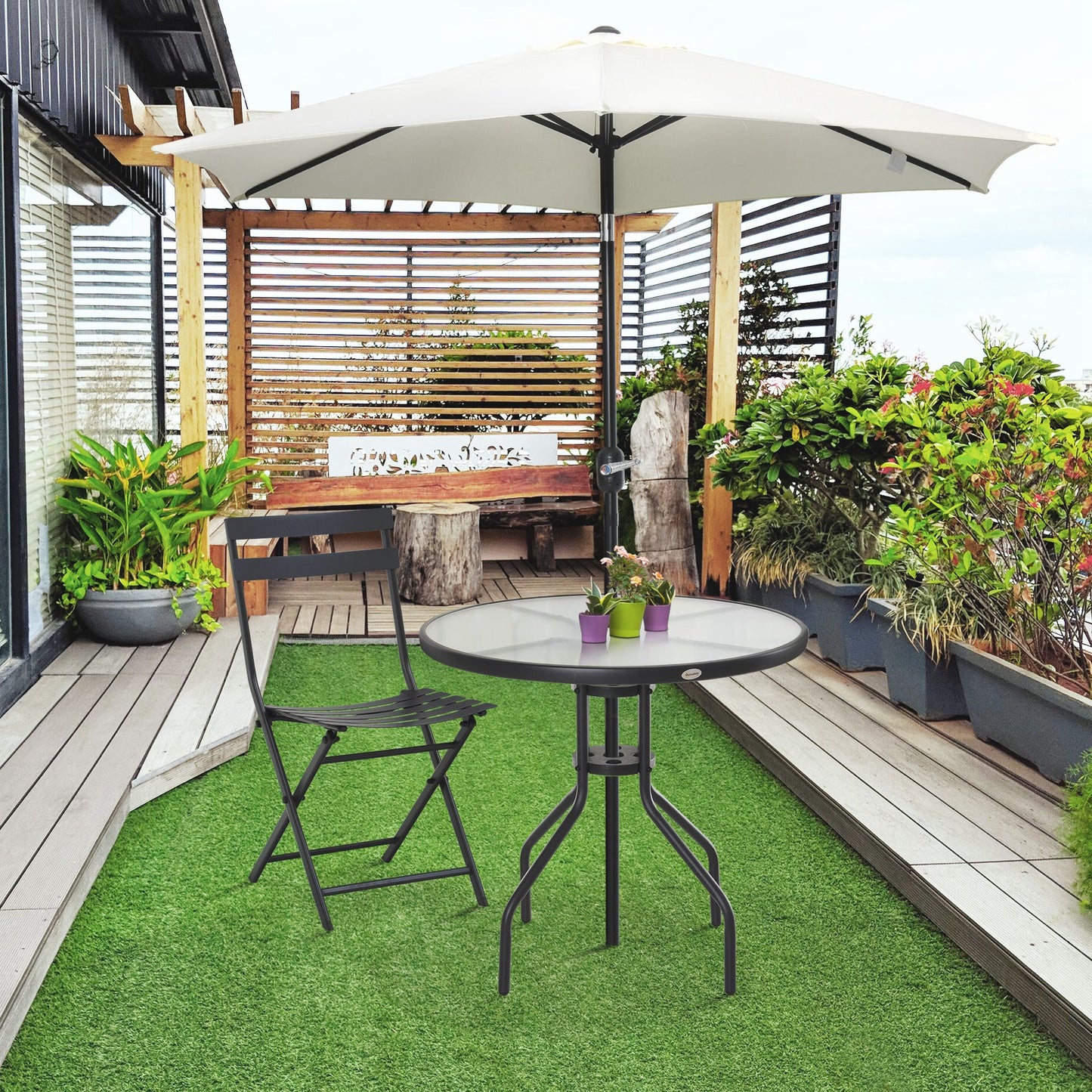 Outsunny Mesa De Jardín Redonda De Cristal Con Agujero Para Sombrilla Ø80x72 Cm_1
