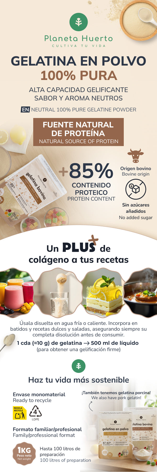 Gelatina Bovina neutra en polvo fuente de colágeno Planeta Huerto 1 Kg