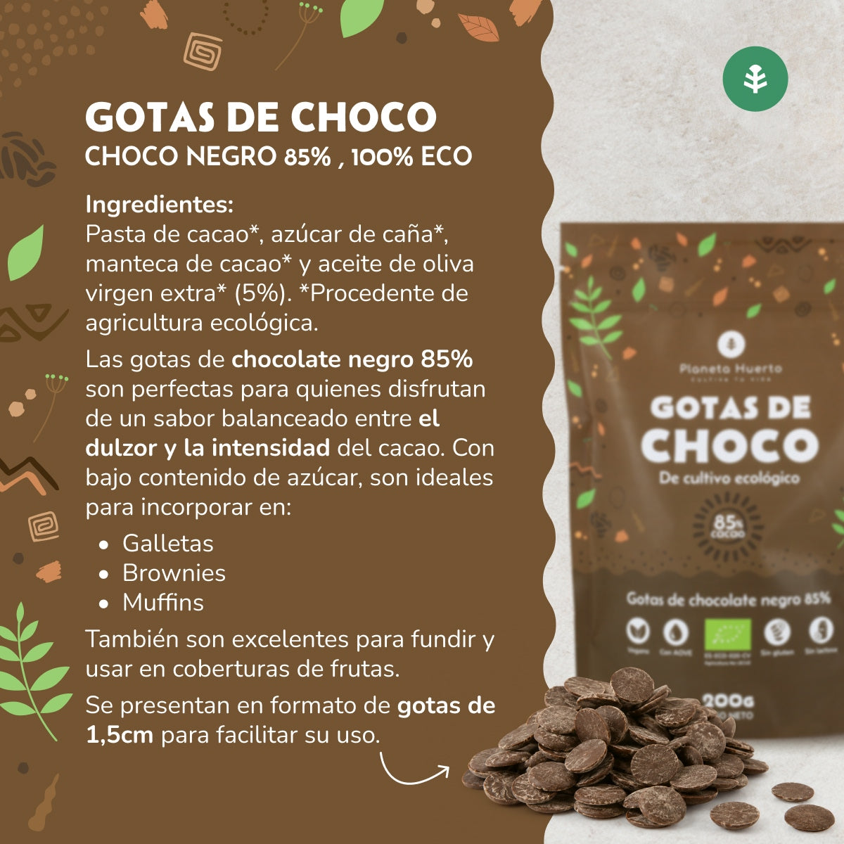 Gotas de Chocolate 85% cacao ECO Planeta Huerto 200 g