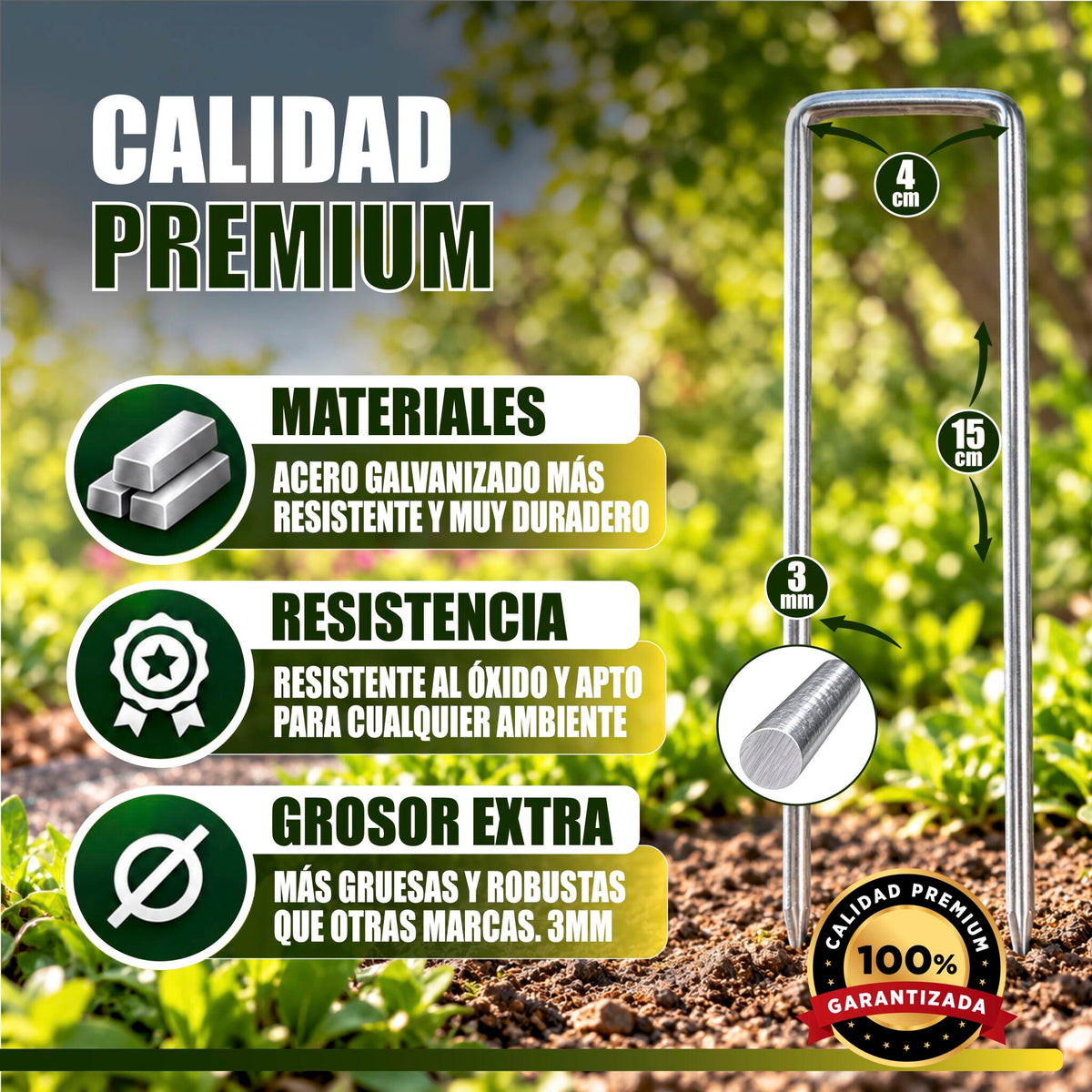GREEN GOF 100 Grapas Para Malla Antihierba, Cesped Artificial Y Jardin. Acero Galvanizado, 15x4cm, Ø3mm._1