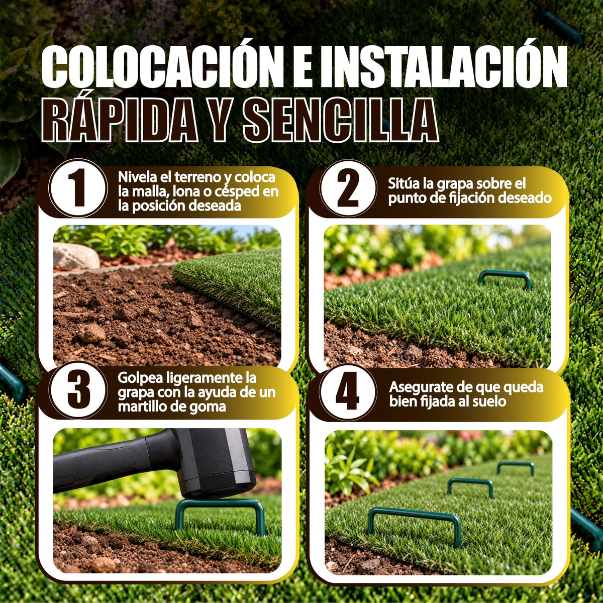 GREEN GOF 100 Grapas Verdes Para Cesped Artificial, Malla Antihierba Y Jardin. Acero Galvanizado, 15x4cm, Ø3mm._5