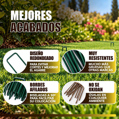 GREEN GOF 50 Grapas Verdes Para Cesped Artificial, Malla Antihierba Y Jardin. Acero Galvanizado, 15x4cm, Ø3mm._2