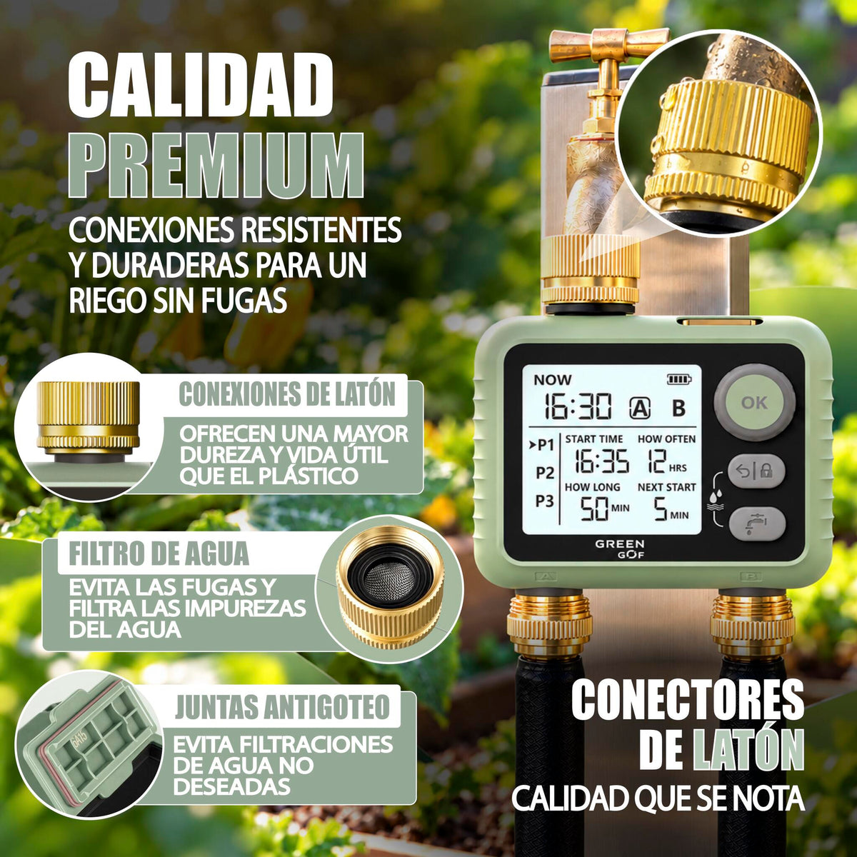 GREEN GOF Programador De Riego. Conectores De Latón, 2 Salidas De Agua, Sensor De Lluvia, 6 Prog. Independientes._1