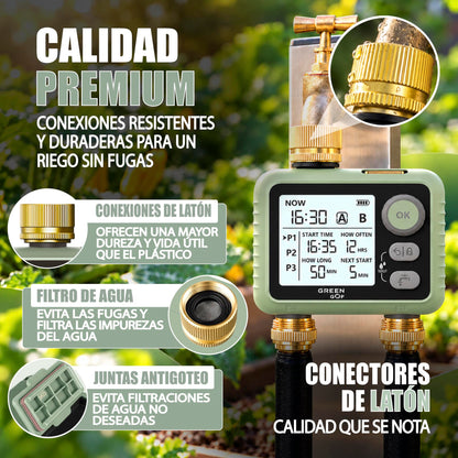 GREEN GOF Programador De Riego. Conectores De Latón, 2 Salidas De Agua, Sensor De Lluvia, 6 Prog. Independientes._1