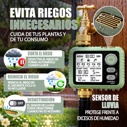 GREEN GOF Programador De Riego. Conectores De Latón, Sensor De Lluvia, Pantalla Retroiluminada, 5 Prog. Independientes._2