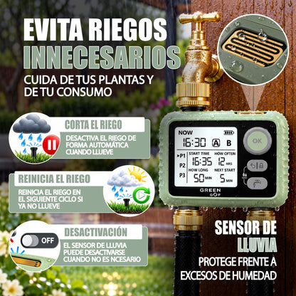 GREEN GOF Programador De Riego. Conectores De Latón, 2 Salidas De Agua, Sensor De Lluvia, 6 Prog. Independientes._2