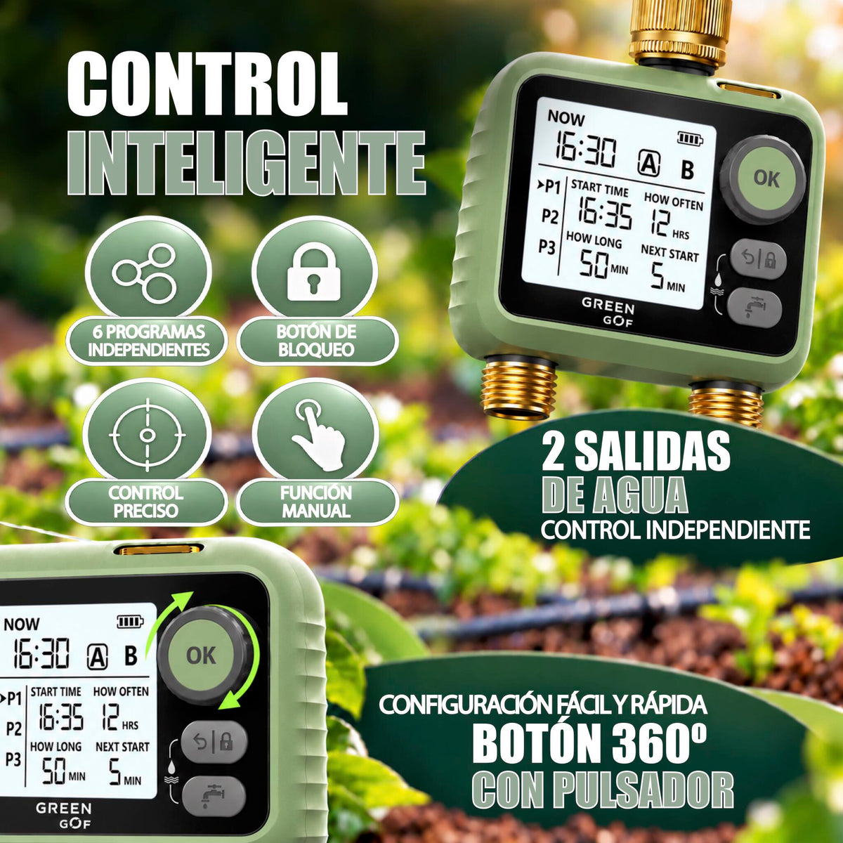 GREEN GOF Programador De Riego. Conectores De Latón, 2 Salidas De Agua, Sensor De Lluvia, 6 Prog. Independientes._3