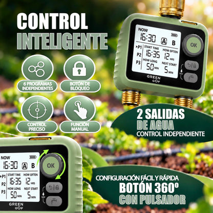 GREEN GOF Programador De Riego. Conectores De Latón, 2 Salidas De Agua, Sensor De Lluvia, 6 Prog. Independientes._3