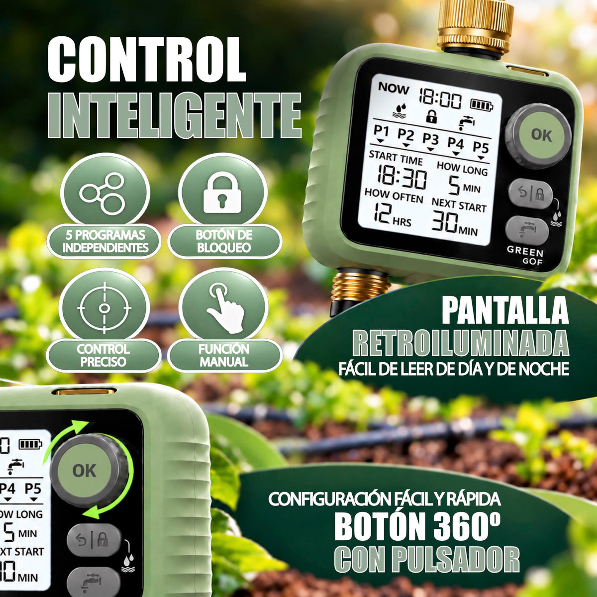 GREEN GOF Programador De Riego. Conectores De Latón, Sensor De Lluvia, Pantalla Retroiluminada, 5 Prog. Independientes._3