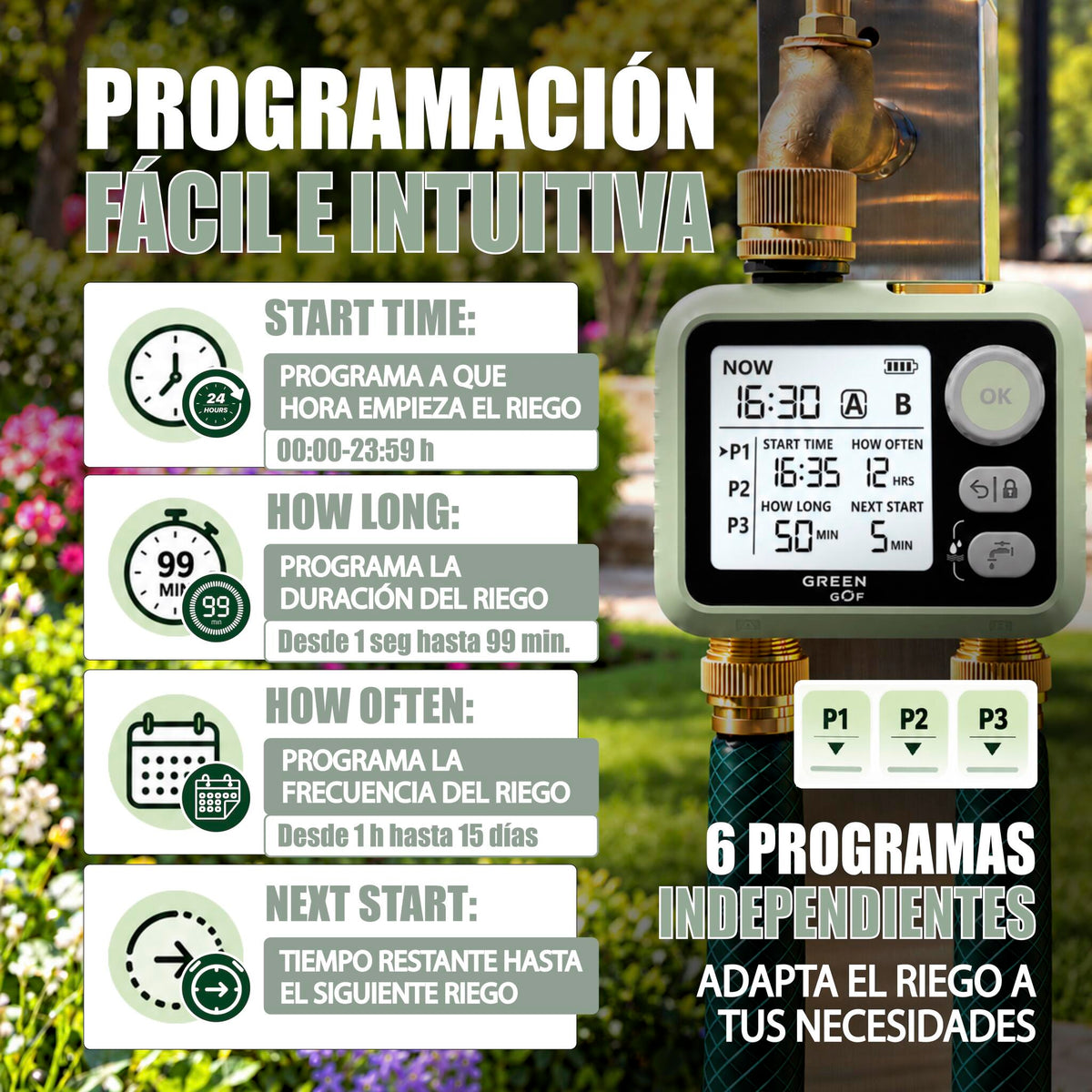 GREEN GOF Programador De Riego. Conectores De Latón, 2 Salidas De Agua, Sensor De Lluvia, 6 Prog. Independientes._4