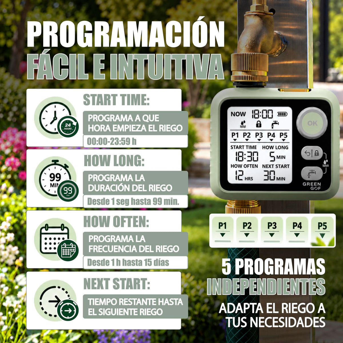 GREEN GOF Programador De Riego. Conectores De Latón, Sensor De Lluvia, Pantalla Retroiluminada, 5 Prog. Independientes._4