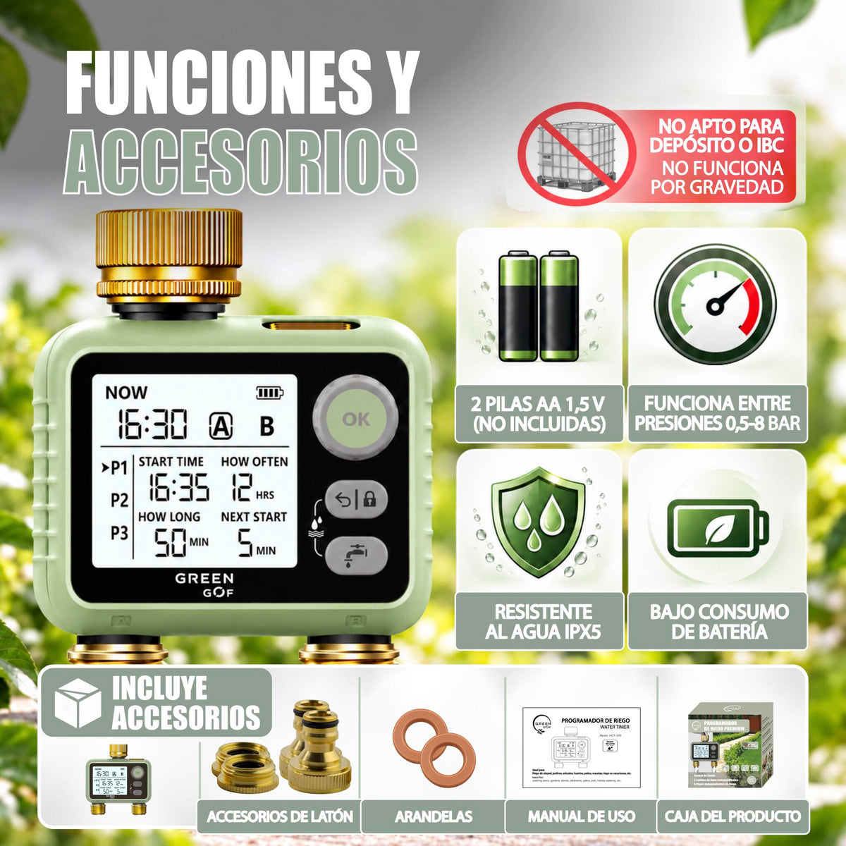 GREEN GOF Programador De Riego. Conectores De Latón, 2 Salidas De Agua, Sensor De Lluvia, 6 Prog. Independientes._5