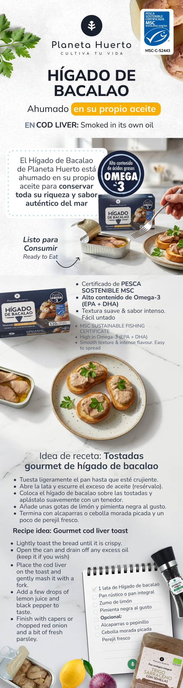 Hígado de bacalao MSC en su propio aceite pesca sostenible Planeta Huerto 120 g
