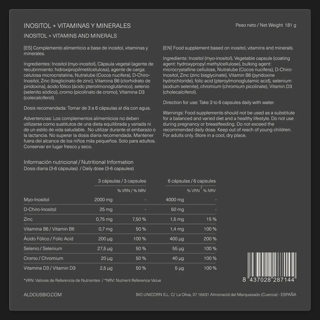 Etiquetado Myo Inositol + D-Chiro Inositol 210 Cápsulas Aldous Bio