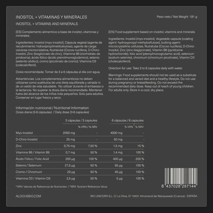 Etiquetado Myo Inositol + D-Chiro Inositol 210 Cápsulas Aldous Bio