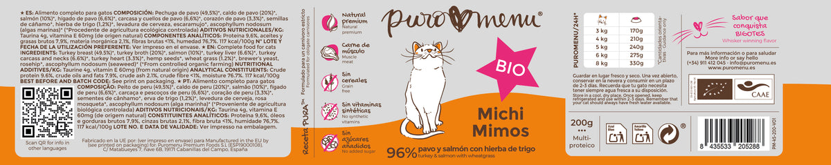Comida Húmeda Barf Gatos Michi Mimos (Pavo y Salmón) Puromenu Lata 200 g