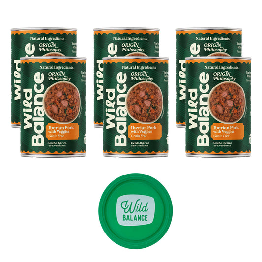 Pack 6x Cerdo y verduras BARF para perros 400 g + Regalos: Tapa reutilizable para latas, Wild Balance