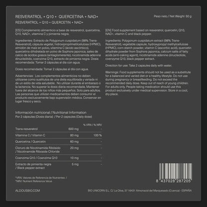 Etiquetado Resveratrol 600 mg 90 Cápsulas Aldous Bio