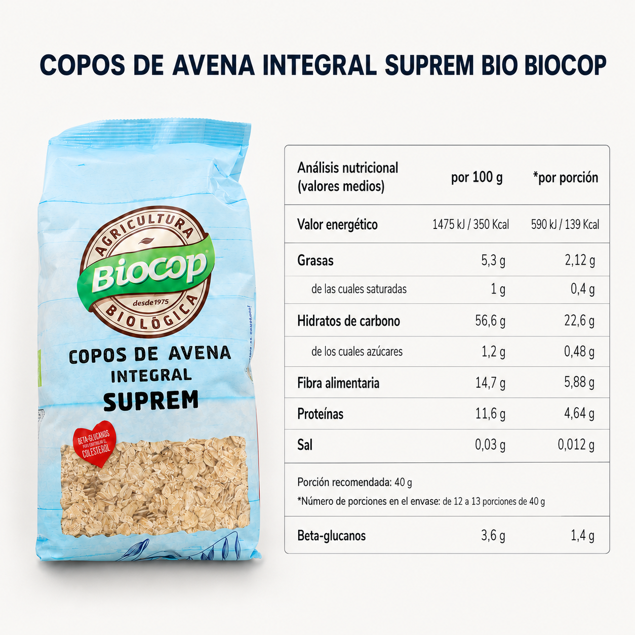 Copos de Avena Integral Suprem BIO Biocop, 500g