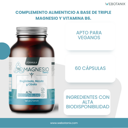 Triple Magnesio (Bisglicinato, malato y citrato) Vegan Fórmula, WeBotanix, 120 cápsulas